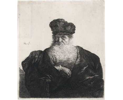 Rembrandt Harmensz. van Rijn -- Greis im weiten Samtmantel. Radierung. 14,8 x 13 cm. Um 1631. B. 262, White/Boon (Hollstein) 