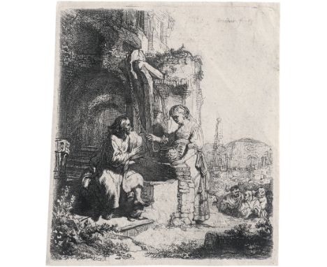 Rembrandt Harmensz. van Rijn -- Christus und die Samariterin zwischen Ruinen. Radierung. 12,4 x 11 cm. 1634. B. 71, White/Boo