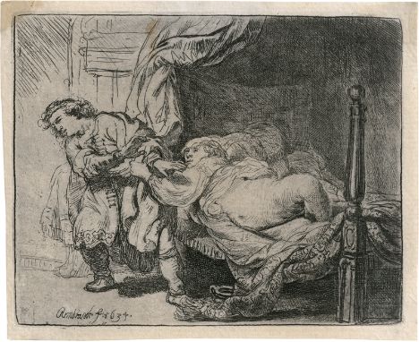 Rembrandt Harmensz. van Rijn -- Joseph und Potiphars Weib. Radierung auf Velin. 9,3 x 11,5 cm. 1634. B. 39, White/Boon (Holls