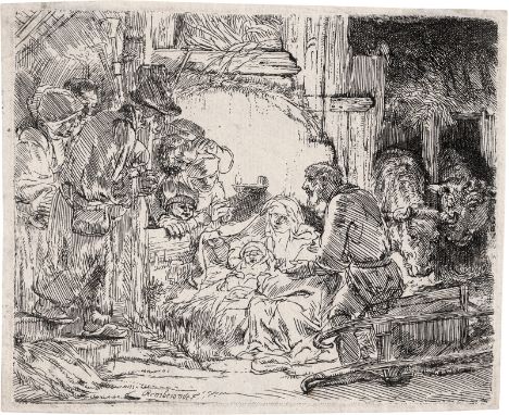 Rembrandt Harmensz. van Rijn -- Die Anbetung der Hirten mit der Lampe. Radierung. 10,6 x 12,9 cm. Um 1654. B. 45, White/Boon 