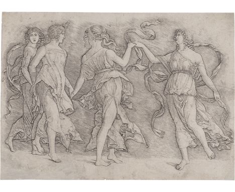 Mantegna, Andrea -- Schule. Die vier Tänzerinnen. Kupferstich nach Andrea Mantegna. 23 x 33,6 cm. Nach 1497. B. 18, Hind V (a