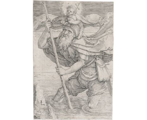 Leyden, Lucas van -- Der hl. Christophorus mit dem Jesuskind. Kupferstich. 10,8 x 7,2 cm. Um 1521. B. 109, Hollstein 109, Fil