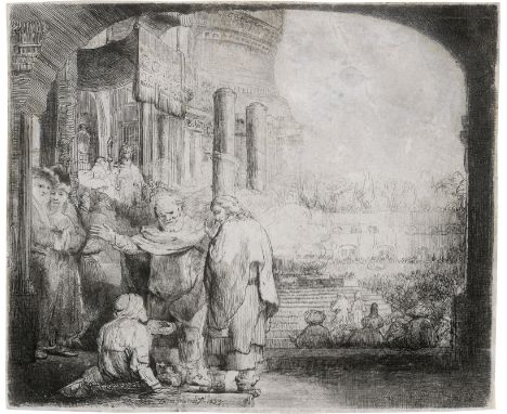 Rembrandt Harmensz. van Rijn -- Petrus und Johannes an der Pforte des Tempels, einen Krüppel heilend. Radierung. 18,1 x 21,8 