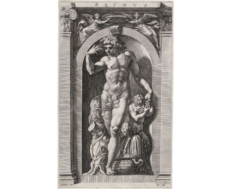 Goltzius, Hendrick -- Bacchus; Jupiter. 2 Kupferstiche nach Polidoro da Caravaggio. 35,7 x 21,3 cm. (1592). B. 249, 255, Holl