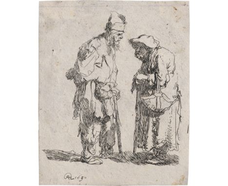 Rembrandt Harmensz. van Rijn -- Bettler und Bettlerin in Unterhaltung. Radierung. 7,3 x 6,1 cm. 1630. B. 164, White/Boon (Hol