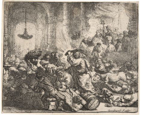 Rembrandt Harmensz. van Rijn -- Christus die Händler aus dem Tempel treibend. Radierung. 14 x 17,1 cm. 1635. B. 69, White/Boo