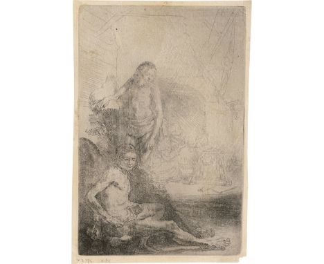 Rembrandt Harmensz. van Rijn -- Zwei männliche Akte ("Het Rolwagentje"). Radierung. 19,3 x 12,7 cm. Um 1646. B. 194, White/Bo