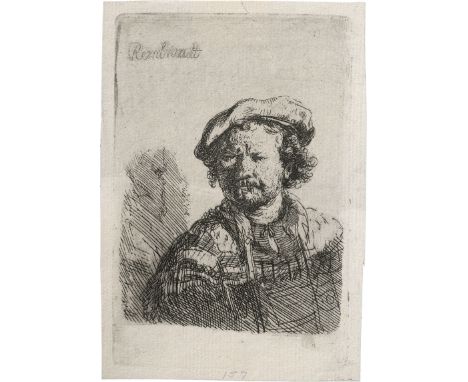 Rembrandt Harmensz. van Rijn -- Selbstbildnis mit der flachen Kappe. Radierung. 9,2 x 6,2 cm. Um 1642. B. 26, White/Boon (Hol