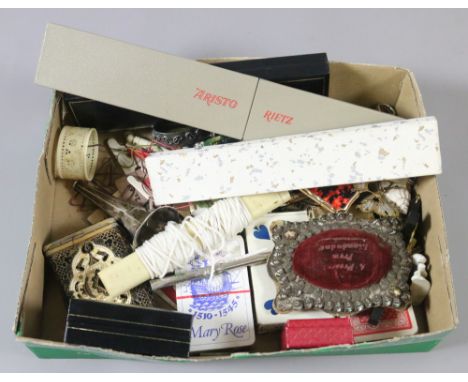 A small box of collectables to include slide rule, cut throat razor, playing cards etc.