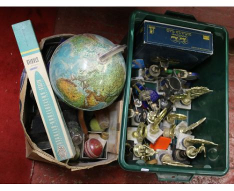 Two boxes of miscellaneous to include trophies, world globe, etc.