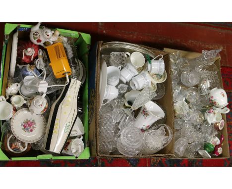 Three boxes of miscellaneous crockery and glasswares to include cut glass, decanter, teawares, ornaments, etc.