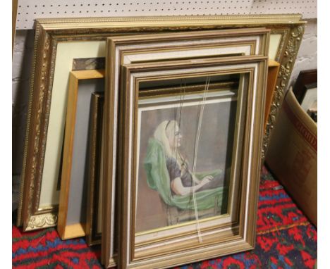 A collection of pictures and gilt frames including pastel portrait of a seated young girl and a landscape watercolour of Fria