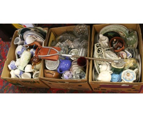 Three good boxes of mixed china and glass to include part tea services and an adjustable shooting stick.