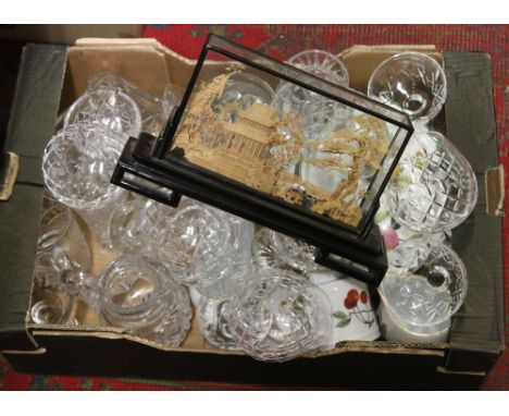 A box containing Royal Worcester Evesham dinnerwares, cut crystal and oriental cork carving.