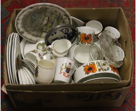 A box of mixed ceramics including J & G Meakin retro part dinner service in the Poppy design along with Royal Albert and Crow