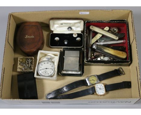 A box of various collectables to include wristwatches and a pocket watch along with penknives and a cigarette lighter.