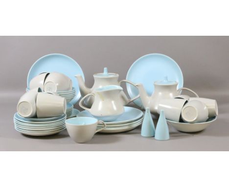 A Poole part teaset grey and blue ground (approximately forty pieces).