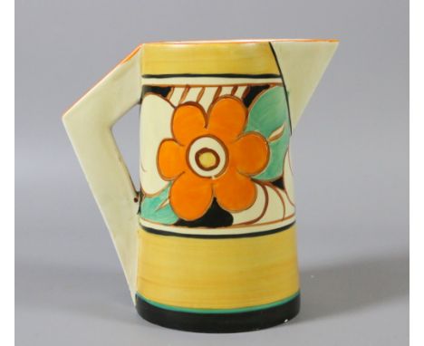 A large Clarice Cliff jug from the Fantasque range with angular handle and decorated with flowers.