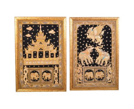 A pair of vintage 20th century framed Burmese Kalaga tapestry wall hanging artworks. The tapestries depicting temples &amp; e