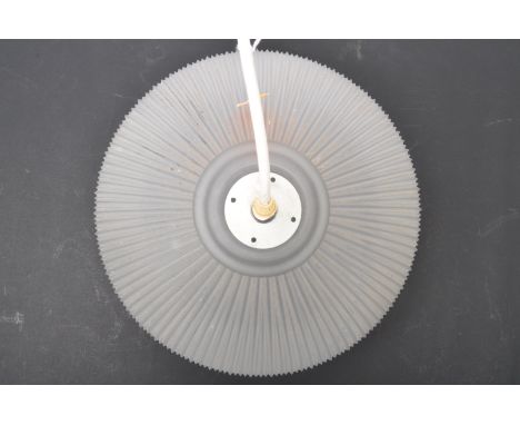 A retro 20th Century large frosted glass ceiling light shade of reeded domed form. Measures approx; 25cm x 41cm diameter.