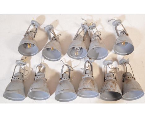 A matching set of eleven 20th Century wall / ceiling mountable spot lamp lights each having grey finished pendant shades on a
