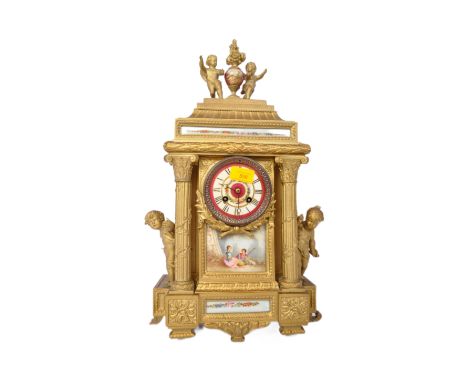 A late 19th century early 20th century spelter &amp; ceramic French style mantel clock having pair of cherubs with vase shape