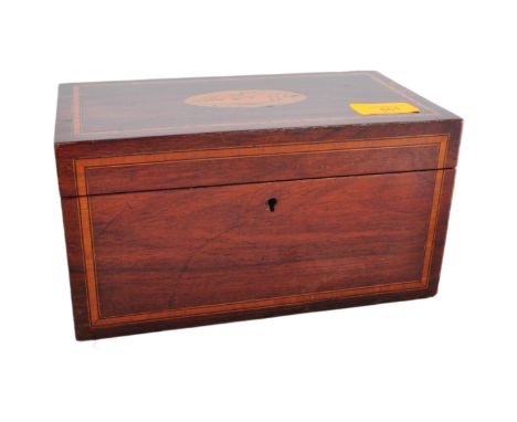 19th century George III mahogany inlaid tea caddy box. Rectangular form with inlaid borders and central conch shell inlaid ce