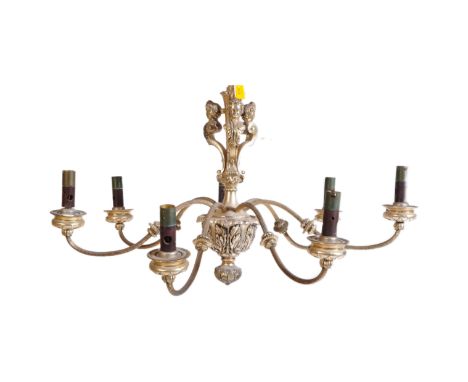 A 20th century circa. 1970's 19th century reproduction white metal seven arm chandelier celling light having figural neoclass