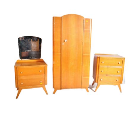 A retro vintage 20th century light oak veneer Lenthall Bros Ltd bedroom suite comprising of single door wardrobe, three drawe