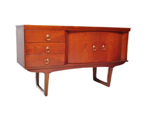A retro vintage mid 20th Century teak wood sideboard. Of rectangular form with three bank of drawers to left with bow front t