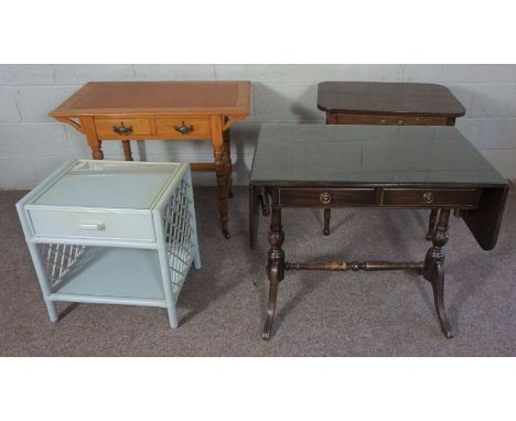 A small Edwardian writing table, together with a modern sofa table, a small side table and a painted bedside table (4)