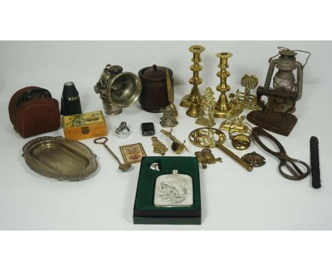 An assortment of miscellaneous objects, including a pair of 19th century brass candlesticks; a paraffin carriage lamp, tobacc