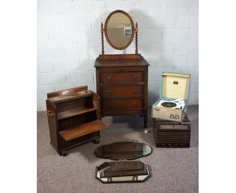 A small HMV gramophone; together with a Dansett record player, an oak dressing chest, folding towel rail, and small cabinet (