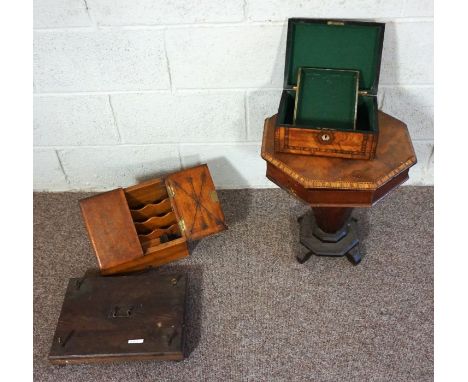 A small Victorian walnut work table, 47cm high, 43cm wide; together with a 19th century flower press, a walnut trinket box an