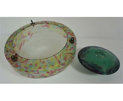 An Art Deco decorative glass hanging light shade, 37cm diameter; together with a blue green glass spill vase, a blue glass sp