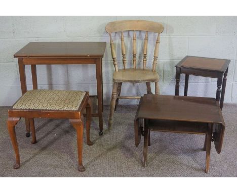 Various furniture, including: A Windsor style kitchen chair, with a footstool and three small occasional tables; also a 17th 