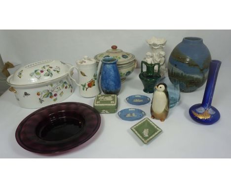 A selection of glass and ceramics, including a Parian centrepiece with putti supporters, A Royal Worcester coffee pot; a gree