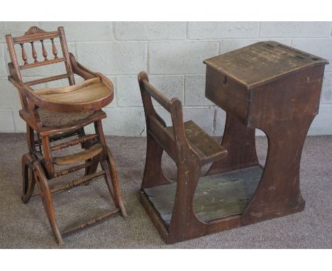 A Vintage childs school desk, early 20th century, with hinged writing desk and integral seat; together with a small Edwardian