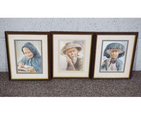 Five small Chinese watercolour portraits of figures in Hong Kong, signed Ping Chem; together with a number of loose folio pri