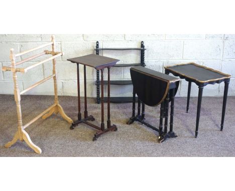 A Victorian ebonized Sutherland table, with turned supports; together with a Victorian ebonized four tier shelves with bobbin