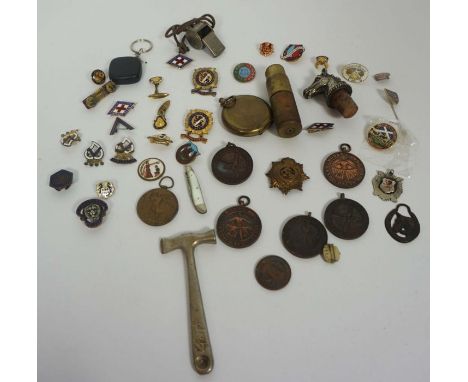 A quantity of assorted badges, a brass shell case lighter, Acme whistle and similar (a lot)