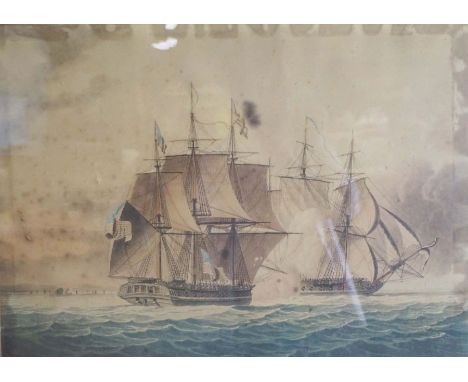 After John T Lee, Shannon &amp; Chesapeake, coloured engraving, 46cm x 57cm; together with two coastal landscapes, oil on can