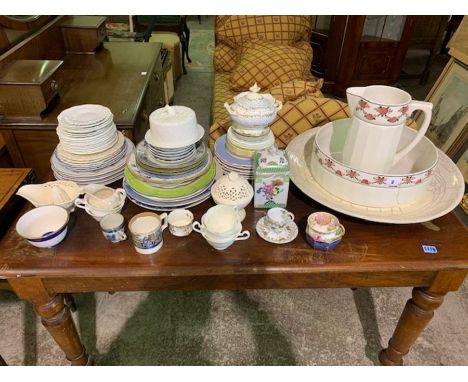 Large mixed lot of ceramic table ware, including a decorative tea caddy, a small cheese dish and cover, various plates, a pot