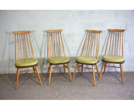 A set of four Ercol light ash stick backed Kitchen chairs, with tapered backs, modern, circa 1960, with labels (4)