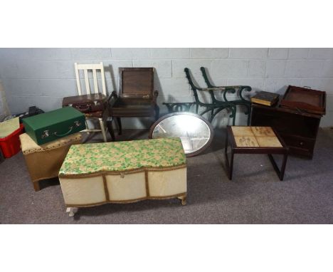 A piano stool, together with a group of items, including an ottoman, garden bench frame, coffee table, painted chair, four tr