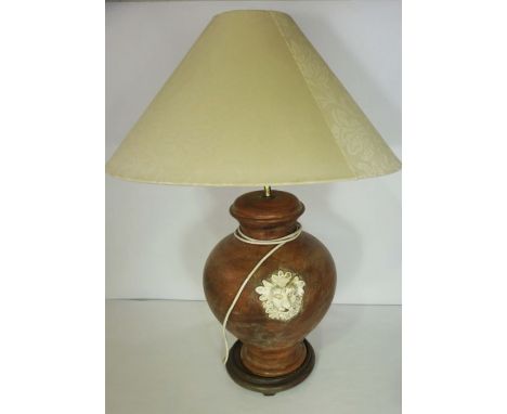 A pair of Renaissance style pricket table lamps, modern; together with a large pottery classical table lamp base, with decora