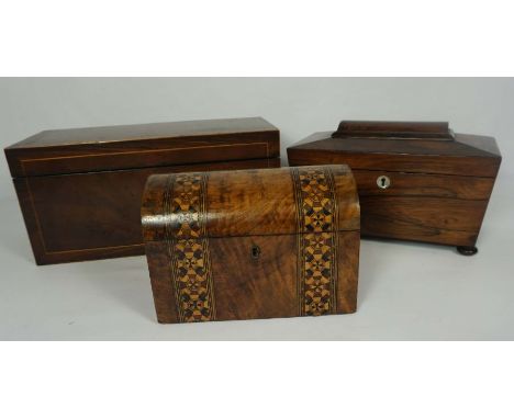 A George IV mahogany and rosewood tea caddy, circa 1825, 38cm wide; together with a smaller rosewood sarcophagus tea caddy, c