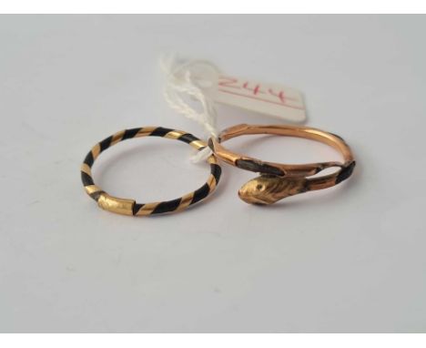 A early Victorian snake memorial ring A/F 9ct size R and a small gold memorial ring size Q