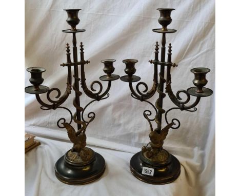 A pair of decorative Victorian three light brass candelabra with bird and snake decoration - 15" high 