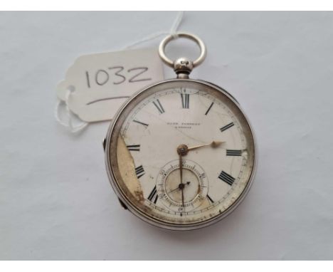 A large gents silver pocket watch by John Forrest with seconds sweep but with damaged face 